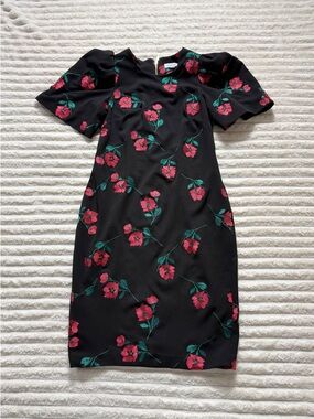 Calvin Klein Black Red Green Embroidered Floral Sheath Dress Puff Sleeve Size 8